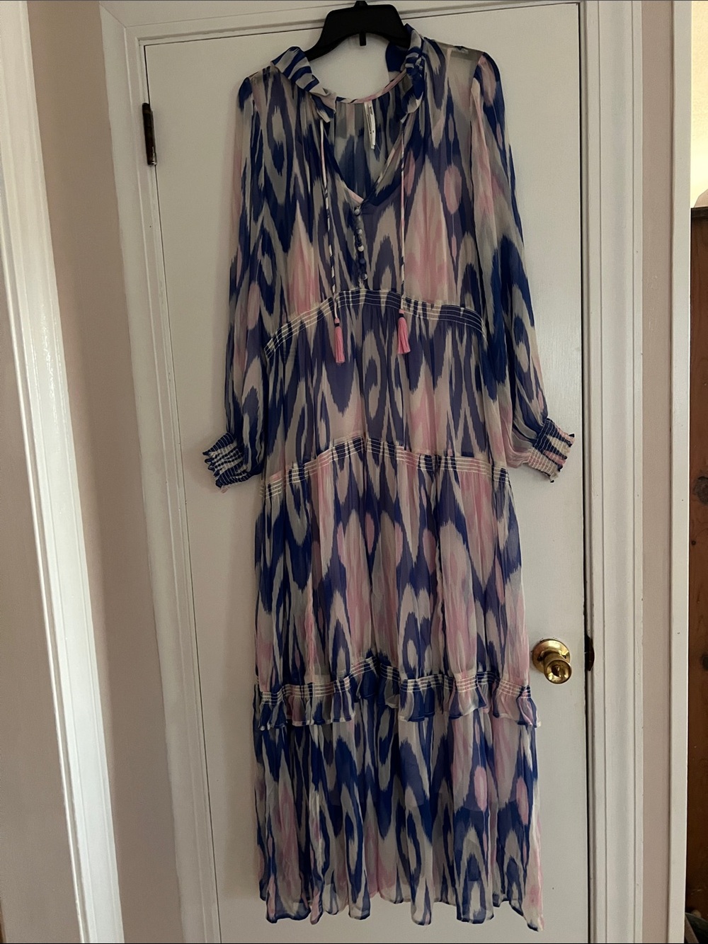 Anthropologie Sheer Ikat Tiered Maxi Dress in Blue & Pink